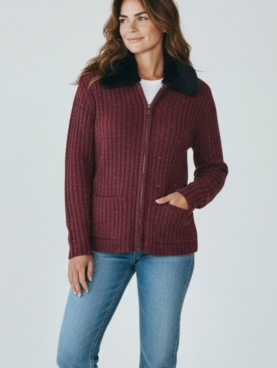 Vintage Sweaters - Vtg Burgundy Marled Ribbed Zip-Up Sweater Wool Blend Black Faux Fur Collar Sz S